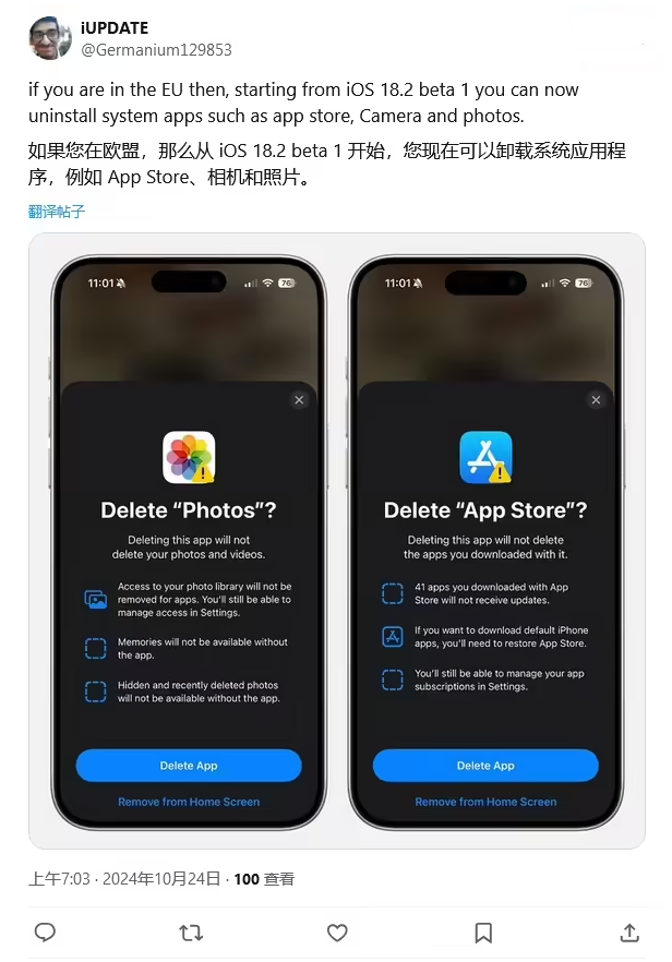 泽州苹果手机维修分享iOS 18.2 支持删除 App Store 应用商店 