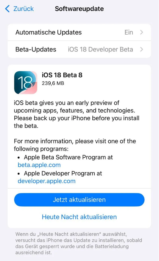 泽州苹果手机维修分享苹果 iOS / iPadOS 18 开发者预览版 Beta 8 发布 